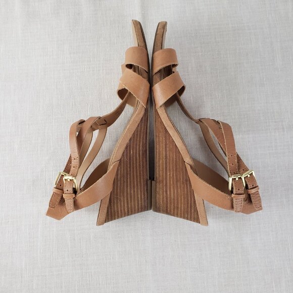 Franco Sarto Dare Nude Leather T-Strap Open Toe Wedge Sandals Womens Size 10 - Picture 3 of 10